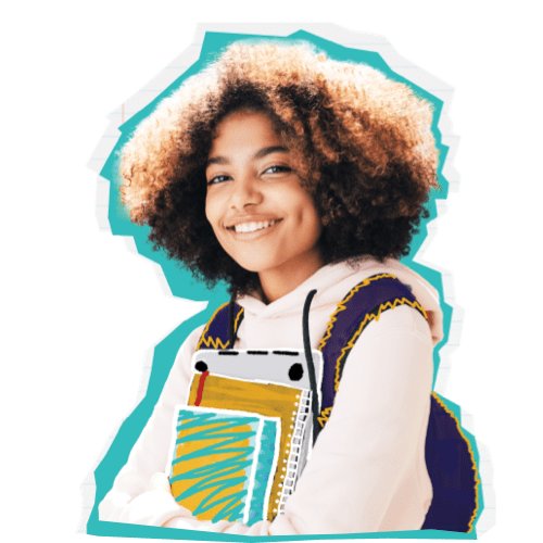 female student with a backpack holding school books