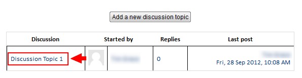Screenshot of list of forum discussion topics with link to "Discussion Topic 1" highlighted