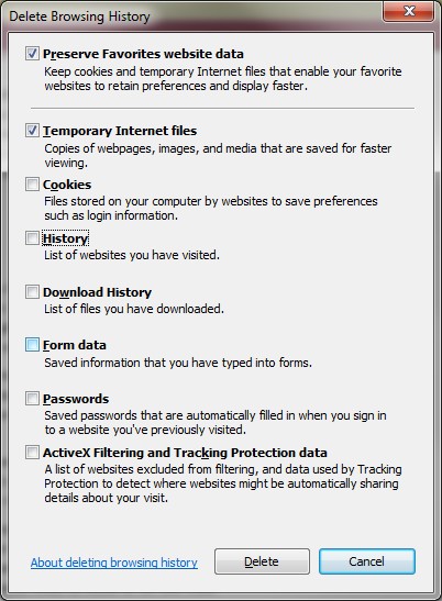 Internet Explorer Delete Browsing History screen