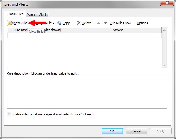 Microsoft Outlook Rules and Alerts dialogue box with New Rule... menu item highlighted