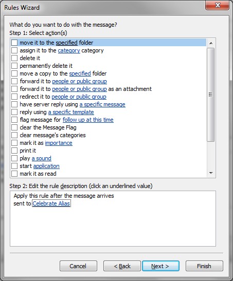Rules Wizard with list of options of what to do with the message