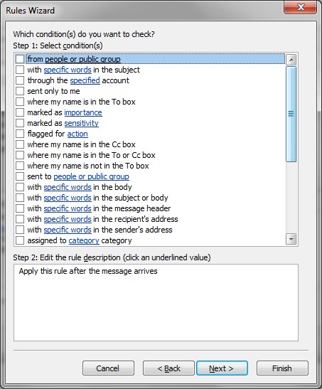 Rules wizard with list of conditions