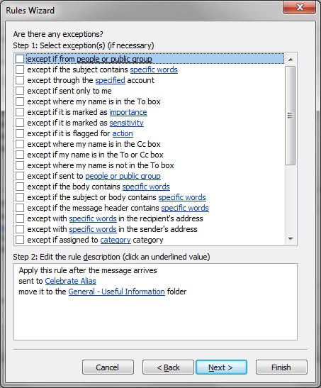 Rules Wizard with list of exceptions options