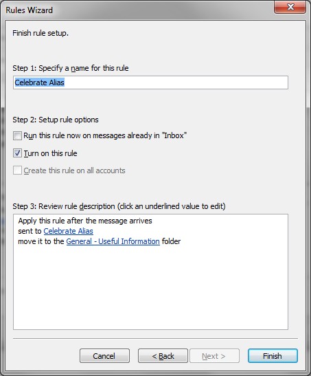 Rules Wizard with rule name field, setup rule options, review rule description, and "finish" submit button