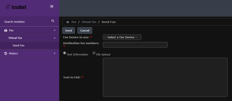 image showing the webfax sending screen where we can type in the destination fax number, select the sending fax device and select various options to send a fax