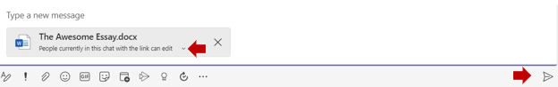 a screenshot of an attachment ready to send. Arrows point to the "People currently in this chat with the link can edit" dropdown and the paper airplane "Send" button. the link 