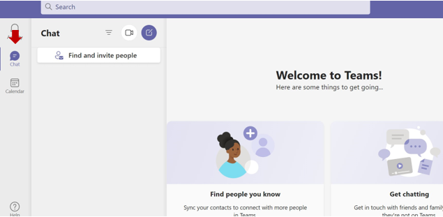a screenshot of the Teams dashboard. An arrow points to the "Chat" button. 