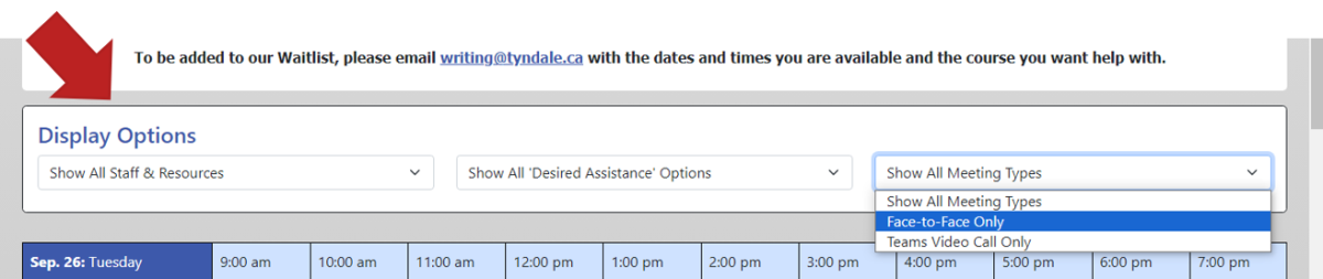 a closer look at the "Display Options" dropdowns on WC Online. The third drop down is open, revealing options for "Face-to-Face" appointments and "Teams Video Call" appointments.