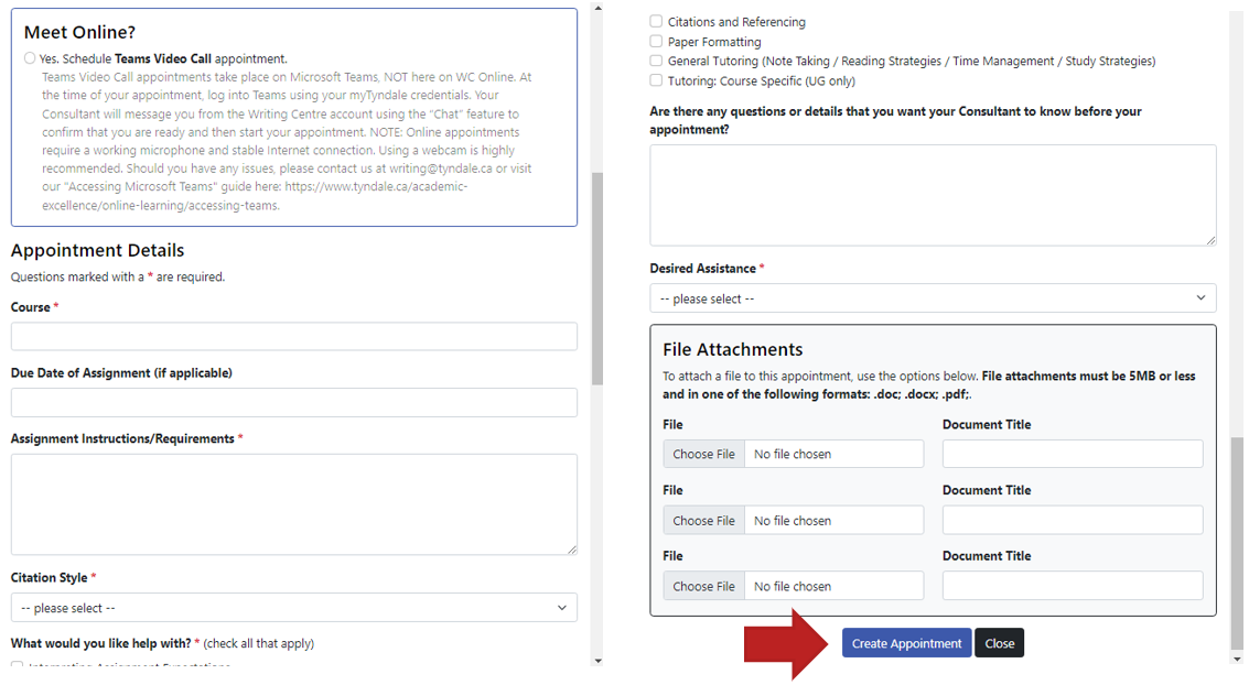 a screenshot of the bottom of our "Create New Appointment" form. The various dropdowns and boxes that students need to fill in to book are shown. An arrow points to the "Create Appointment" button used to confirm your booking. 