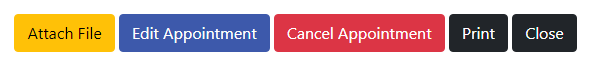 a screenshot of the bottom of the window that opens when you click on an appointment you have already booked. It shows off the "Attach File," "Edit Appointment," "Cancel Appointment," "Print," and "Close" buttons.