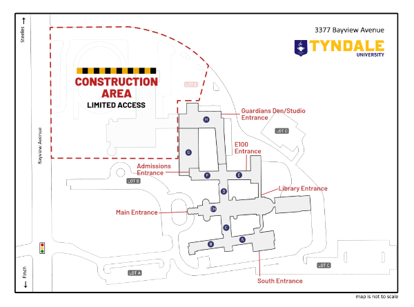 Tyndale Campus with parking lots identified - links to a PDF version